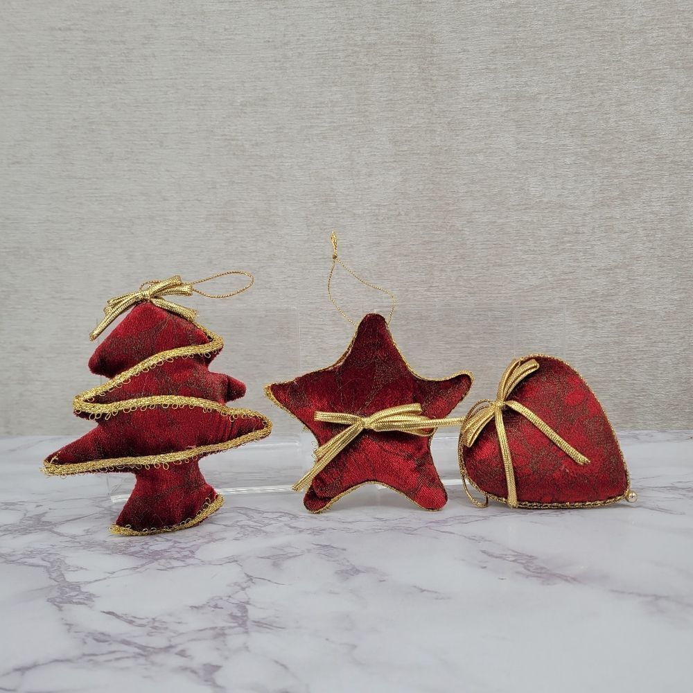 Vintage Red & Gold Velvet Christmas Ornaments Soft Non Breakable 90's